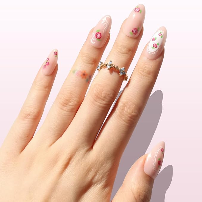 Nail Reformation Press On Nails, Pink Roses Medium Almond Fake Nails 30 Pcs | 15 Sizes with Lace & Pearl on Nude Base in Glossy Finish, Reusable Stick On Nails, False Nail Kit, Manicure Gifts for Women