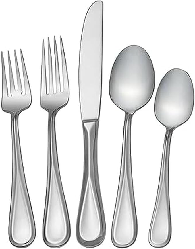 Mikasa Bravo 18/10 Stainless Steel Flatware Set, 101-Piece Service for 12, Polished Silver Silverware Set with Teardrop Handle, Dishwasher Safe Cutlery Set
