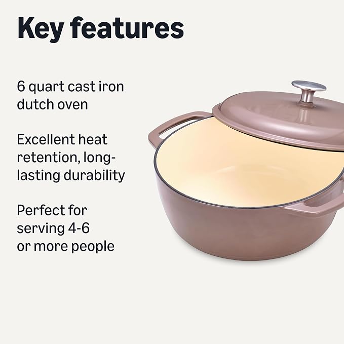 Amazon Basics Cast Iron Dutch Oven Pot with Lid, Enameled, Dual Handles, Heavy-Duty, Medium, 6-Quart, Clay