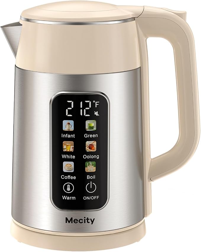 Mecity Electric Kettle 1.7L Touch Screen Temperature Control Water Boiler, No Plastic Contact with Water. 6 Presets For Tea and Coffee, 2 Hours Keep Warm, Auto Shut Off, Cream & Stainless Steel Color