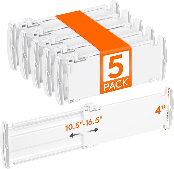 Lifewit 5 Pack 4" High Drawer Dividers, Adjustable Drawer Organizer Clothes | 10.5"-16.5" Expandable White Plastic Separators for Dresser, Kitchen, Cabinet, Nursery, Office, Socks & Underwear Storage
