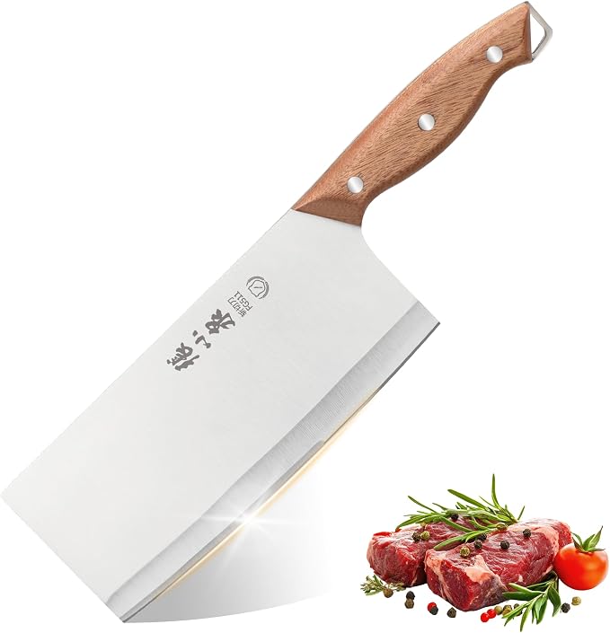 ZHANG XIAO QUAN 7.3” Meat Cleaver Butcher Knife, Chinese Vegetable Chopper Slicing Knife, Professional Chef Knife with Wood Handle and High Carbon Stainless Steel Sharp Blade