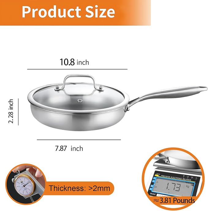 DELARLO Tri-Ply Stainless Steel Pan,18/10, 10" | Nontoxic Durable Oven Safe 800℉ All Cooktops Compatible Fast Even Heat PFOA Free Large Frying Pan Nontoxic Cookware