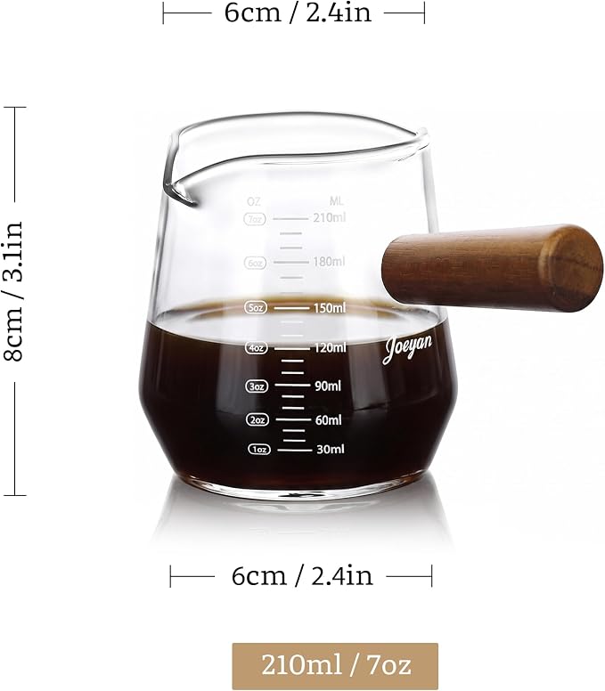 Joeyan 7 oz Glass Measuring Cup with Double Spouts,Espresso Shot Glasses with Wood Handle,Diamond Shaped Espresso Cups,Clear Milk Frothing Pitcher for Coffee,Borosilicate Espresso Accessories