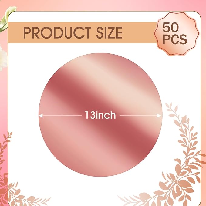 50PCS Round Rose Gold Placemats, Disposable Paper Chargers Plate | 13in Mirrored Rose Gold Paper Placemats for Dining Table, Kitchen, Banquet, Table Setting, Wedding, Birthday, Party