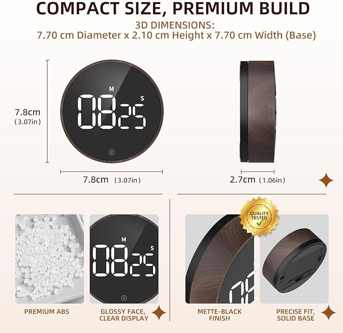 Digital Magnetic Kitchen Timer & Stopwatch with LED Display, Woodgrain | Up to 99:55 Countdown & Count Up , Easy Twist Control, Adjustable Volume & Brightness, Magnetic Back, Battery Powered