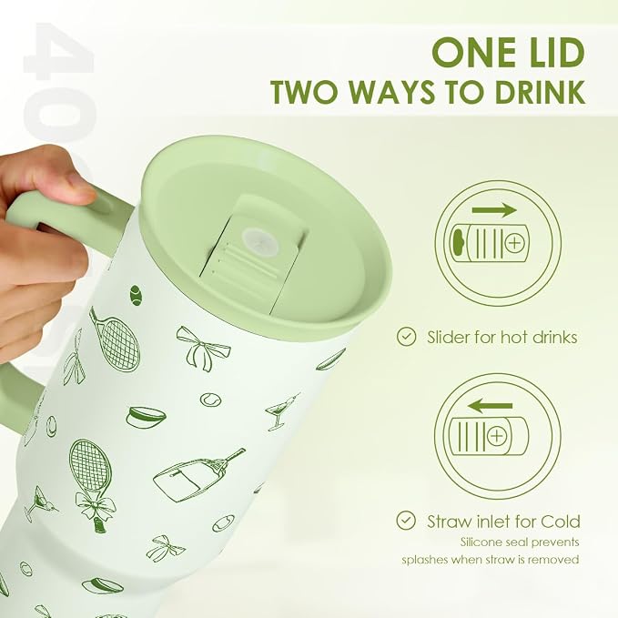 SANDJEST Tennis 40oz Tumbler With Handle and Straw, Insulated Stainless Steel Travel Coffee Mug for Women Girls Tennis Players, Gift Idea for Birthday Christmas Mothers Day
