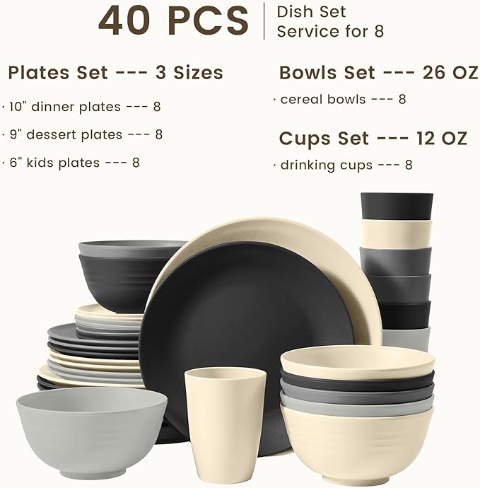 Kitchen Wheat Straw Dinnerware Set 40 PCS - Dinner Plates, Cereal Bowls, Wheat Straw Cups Set, Microwave and Dishwasher Safe Dishes Set, Unbreakable Dish Set for Party, Outdoor(Grey Stone)