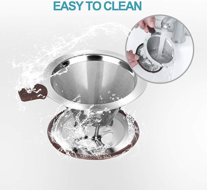 Pour Over Coffee Dripper, Reusable 304 Stainless Steel Filter for 1-2 Cup | Dual 304 stainless micro mesh, silicone heat handle, anti-slip stand, paperless reusable, easy clean for travel camping
