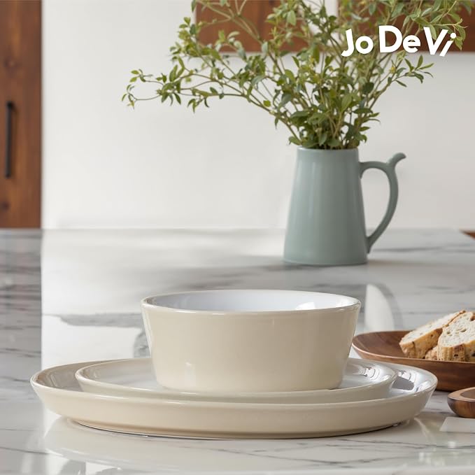 Stoneware Dinnerware Set for 4(12Pcs) – Microwave & Dishwasher Safe Plates and Bowls with Reactive Glaze – Rustic Farmhouse Modern Design for Everyday Dining, Wedding & Outdoor - Light Beige