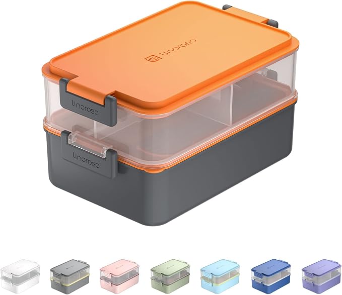 Stackable 2-Tier Adult Bento Box, 4 Compartments - Lava Orange | leakproof bento lunch box with fork & spoon + sauce cups, microwave/dishwasher safe, perfect for office, school & daily meals