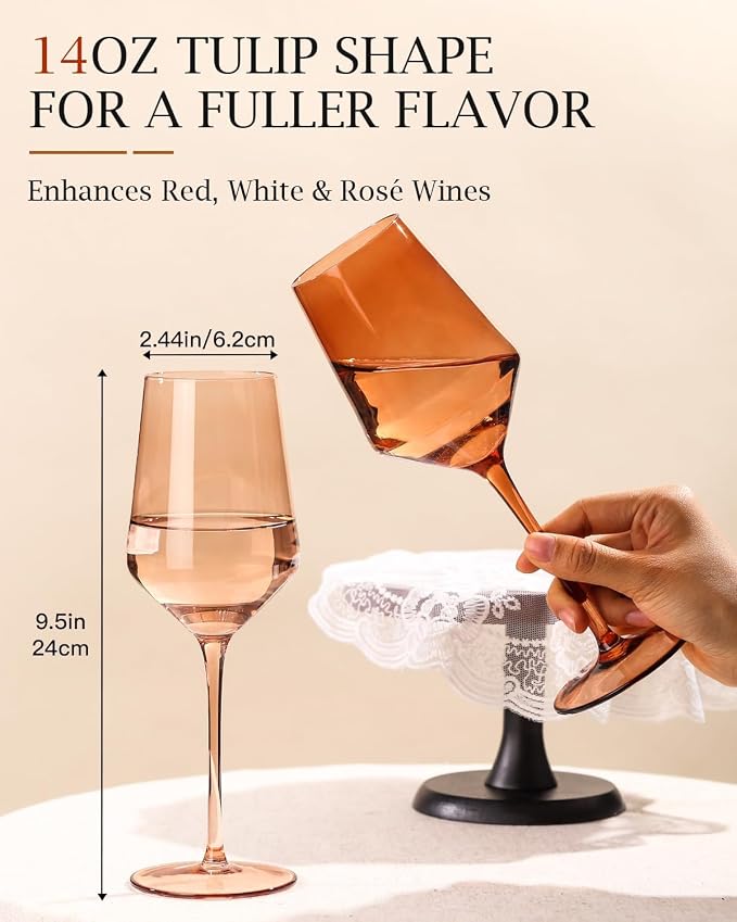comfit Venus Wine Glasses Set of 6-14oz [Hand-Blown] Maillard-Inspired Amber & Espresso Stemware, Brown Crystal Wine Glasses, Birthday Wedding Housewarming Valentine's Day Gifts