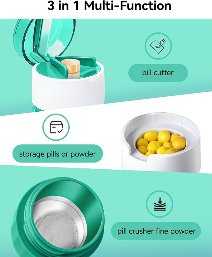 Pill Crusher Fine Powder, Pill Grinder & Cutter, Storage Box, Cyan | Stainless Steel Pestle, Pill, Vitamins, Tablets, Crusher for Elderly, Pets, Easy to Use, Crushes Medications into Fine Powder