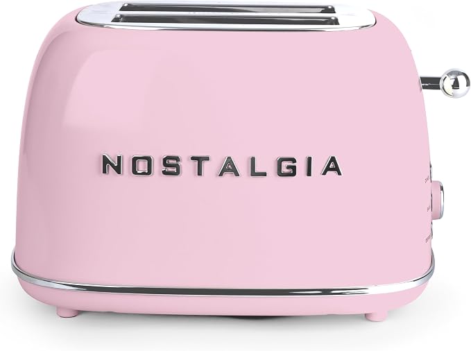 Nostalgia Classic Retro 2-Slice Toaster- Vintage Design- Enamel Coated Steel Body- Wide Slots for all Breads- Crumb Tray, Cord Storage- Defrost,Cancel and Bagel Function & 6 Toasting Levels- Pink