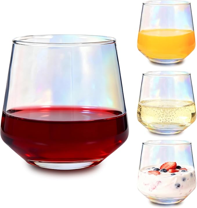 10oz Stemless Champagne Flutes, Iridescent Champagne Glasses, 4 PCS | Clear Crystal Glass Cups, Dishwasher Safe Wine Glasses Set for Champagne Cocktail Juice, Unique Gifts for Wine Enthusiasts