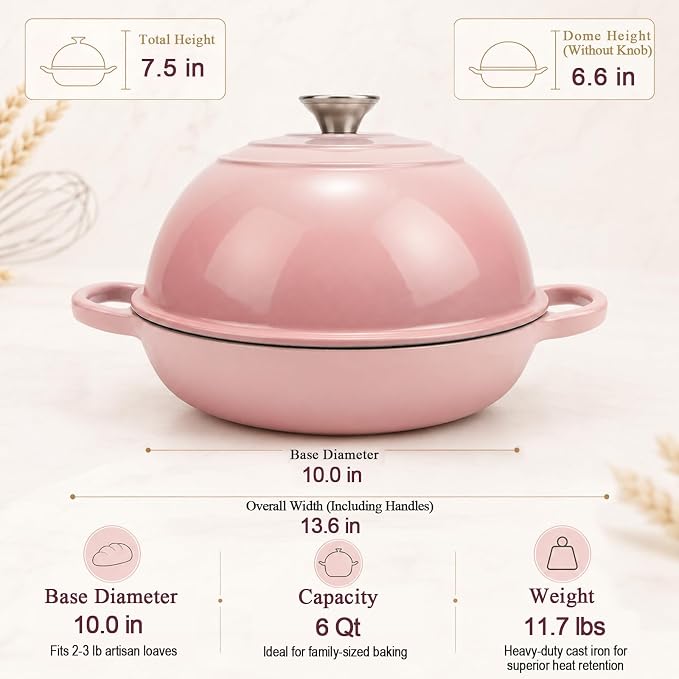 AHJ 6QT Enameled Cast Iron Dutch Oven for Sourdough Bread Baking | 7-Layer Construction Bread Oven with Proofing Basket, Silicone Sling and Mitts; Steam-Locking Dome, 500°F Safe, All Stovetops