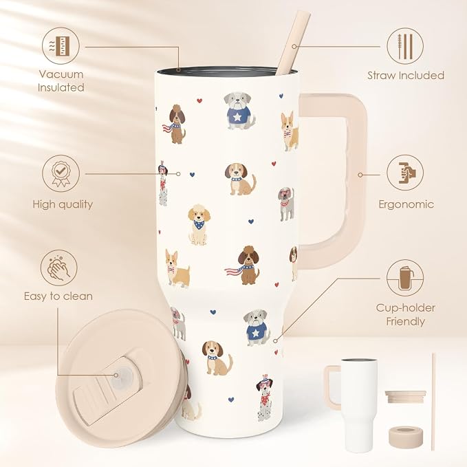 SANDJEST Dogs 40oz Tumbler with Handle and Straw, Insulated Stainless Steel Travel Coffee Mug for Women Girls Dog Lovers Dog Mom, Gift Idea for Birthday Christmas Mothers Day