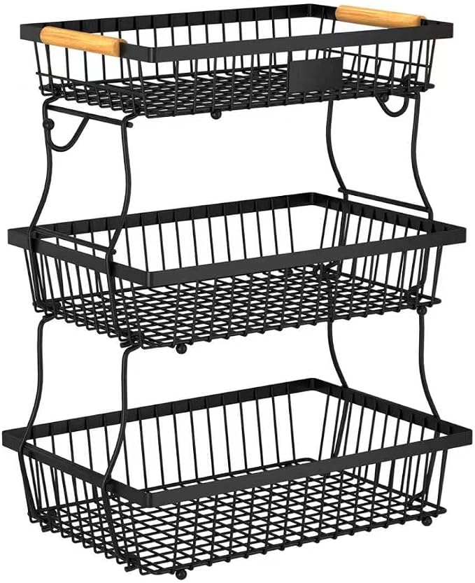 3 Tier Fruit Basket for Kitchen Counter with 2 Banana Hangers, Countertop Metal Fruit Bowl with Wooden Handle, Large Storage Stand for Vegetables, Snacks, Breads, Produce Storage – Black