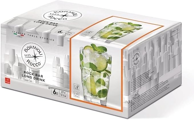 Bormioli Rocco Rock Bar Stackable Beverage, Set Of 6 Dishwasher Safe Drinking Glasses For Soda, Juice, Milk, Coke, Beer, Spirits – 12.5oz Durable Tempered Glass Water Tumblers For Daily Use