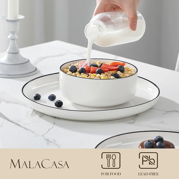 MALACASA Plates and Bowls Sets, 12 Pieces Modern Porcelain Dinnerware Set for 4 White Kitchen Dinner Dining Ware Set wtih Black Rim Ceramic Dishware Dishes Microwave and Dishwasher Safe, Series LUNA