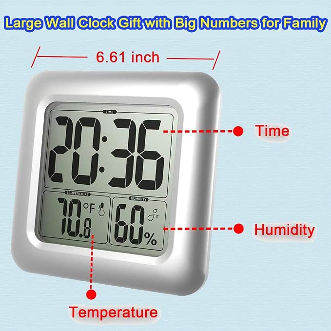 Large Waterproof Bathroom Shower Wall Clock, Big Digital Water Resistant Shatterproof Clock Thermometer Hygrometer for Bath, Temperature & Humidity Meter, Hanging & Table Standing & Mirror Suction Cup