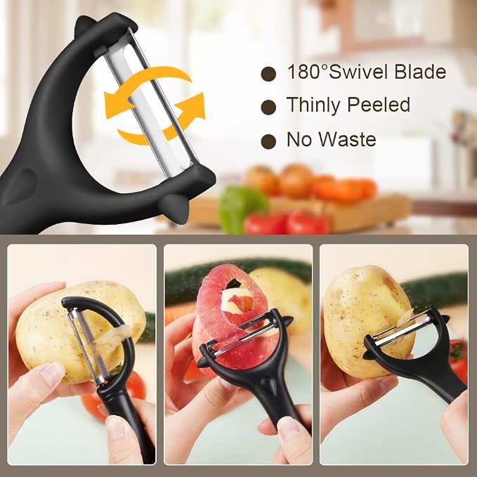 AUAUY 2PCS Potato Peeler, Y and I-Shaped Swivel Vegetable Peeler Set, Black | Fruit Peeler for Kitchen, Non-Slip Grip Peeler, Ergonomic Handle Sharp Blade Stainless Steel Peeler