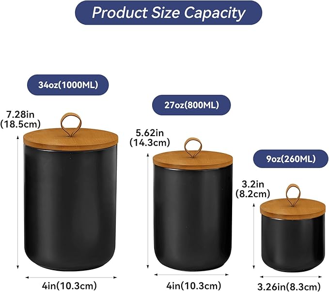 Ceramic Storage Jars, Modern Airtight Canisters with Wooden Lid (Black trumpet)