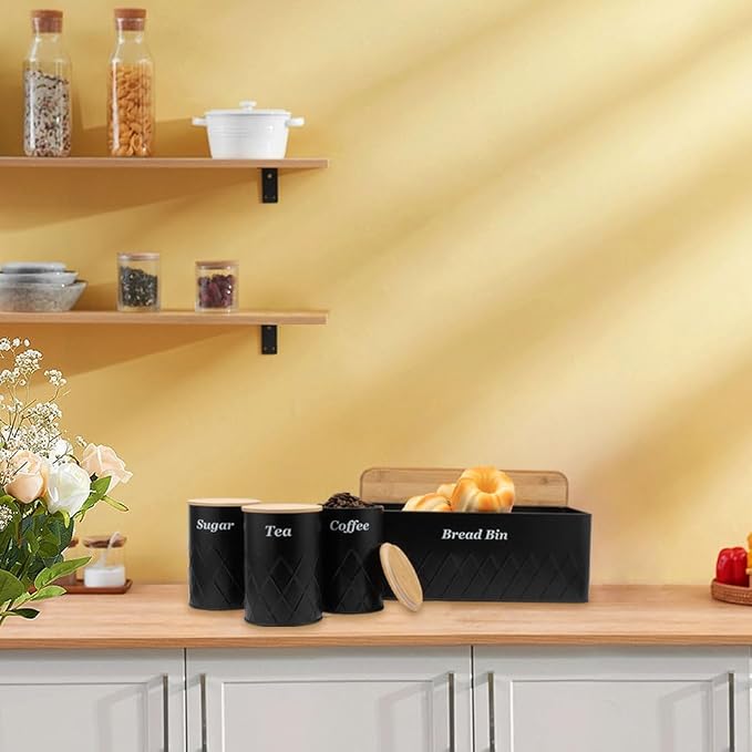Black Metal Bread Box with Cutting Board,3 Canisters for Kitchen | Coffee Tea Sugar Container Storage Set Bread Bin with Bamboo Lid for Kitchen Countertop Bread Box Set