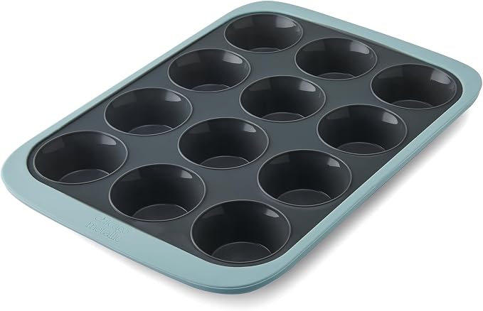 Chicago Metallic 12-Cup Silicone Muffin Pan, Blue - Nonstick Cupcake Baking Pan with Wire-Reinforced Rim, Oven Safe to 428F, Dishwasher Safe, 14.6 x 10.43 Inches