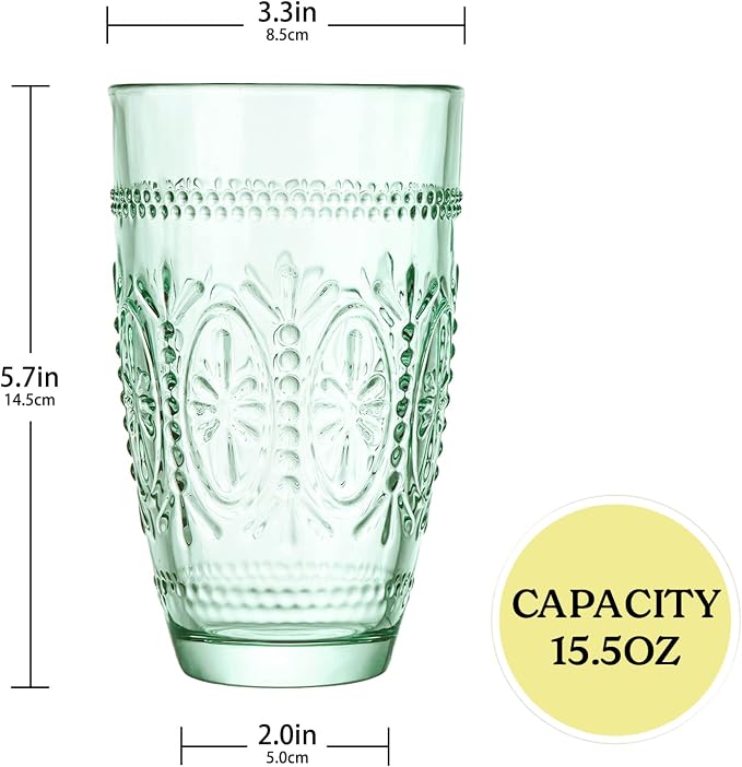 Colored Vintage Drinking Glasses Set of 4, 15.5 oz Romantic Embossed Water Glasses, Colored Tumblers Tempered Glass for Juice, Beverages, Beer, Cocktail (Green)