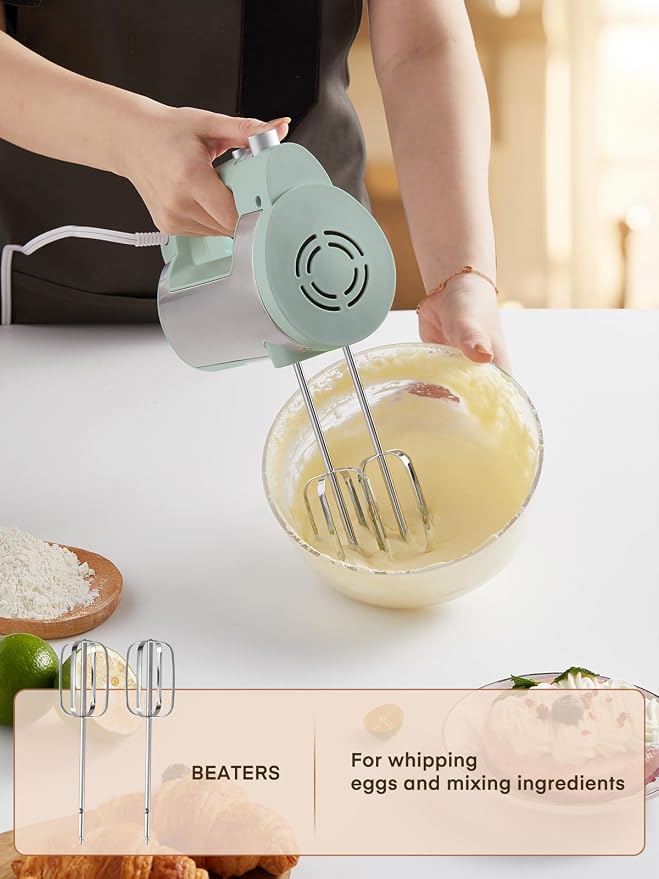 Hand Mixer Electric Handheld, 6 Speed & Turbo Electric Mixer, 300W Handheld Mixer with 2 Stainless Steel Whisk and 2 Dough Hook for Whipping, Mixing Cookies, Brownie, Cakes, Dough Batters, Green