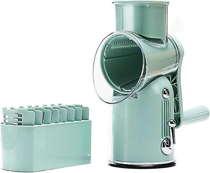 Rotary Cheese Grater with Handle, Vegetable Chopper Quick Chop Blades, Compact Design for Home and Professional Kitchens Meal Prep Tool, Kitchen Gadget 5-in-1 with Blade Storage Box (Light Green)