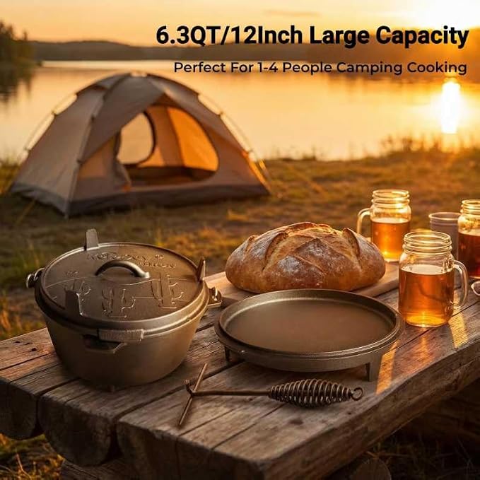 6.3qt Cast Iron Camping Dutch Oven,with 12inch Skillet Lid Outdoor Dutch Oven,Includes Claw Foot kazan for Baking,Braising,Campfire Cooking