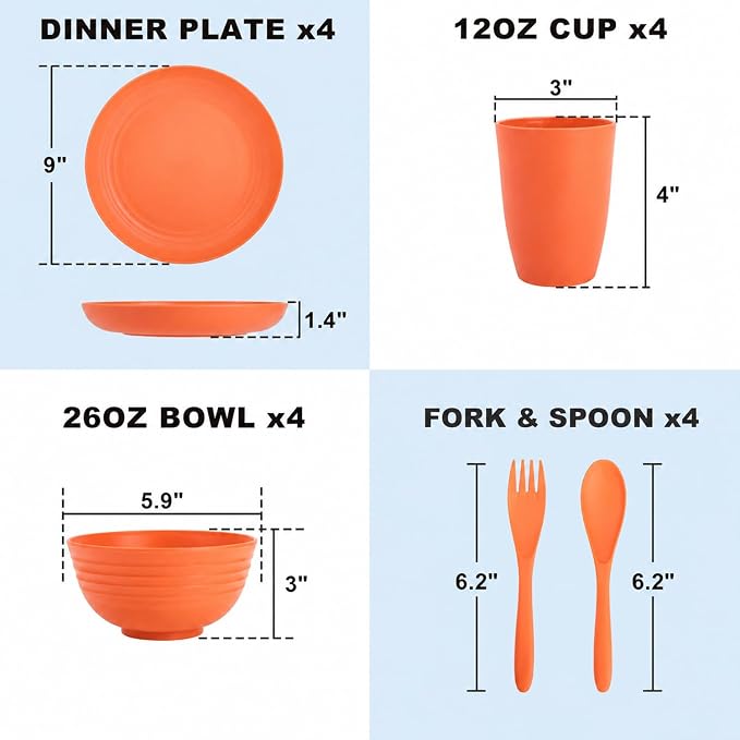 Kids Wheat Straw Dinnerware Sets for 4, 20 Piece Unbreakable Dinnerware Set, Plates and Bowls Sets, Kitchen Plates and Bowls Set, Lightweight Dish Set for Picnic, Camping, and Daily - Orange