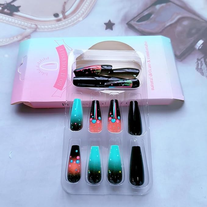 24Pcs Black Press on Nails Square WLGDLH Medium Coffin Fake Nails Press ons Nail Art Tips with Neon Gradient Design Cute Glossy False Nails Full Cover Repeatable Glue on Nail for Women 24Pcs