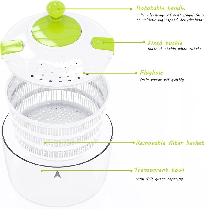 HUJI Salad Spinner and Mandoline Multifunctional Set, Vegetable Dryer With 6 Blades and Pouring Spout - 4L (2PK)