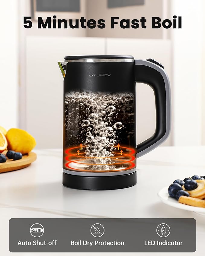 Small Kettle Electric, 0.8L Double Wall Portable Travel Kettle with 304 Stainless Steel, 600W Mini Hot Water Boiler with Auto Shut-off, Fast Boil, BPA-Free