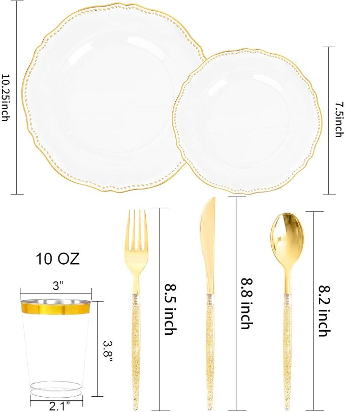 175 Pcs Clear Gold Plastic Plates, Serves 25, for Wedding & Party | Clear plastic plates with elegant gold rim & glitter-handle cutlery. Perfect for weddings. Durable and easy to clean.