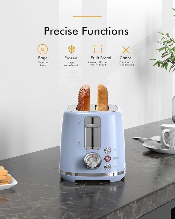 LONGDEEM 2 Slice Toaster with 1.5" Extra Wide Slots & Removable Crumb Tray 6 Browning Options, Auto Shut Off & Frozen Function, Toast Fruit Bread, Bagel & Waffle, Blue