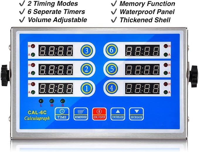 6-Channel Commercial Kitchen Timer, Professional LED Digital Timer for Cooking, Loud Alarm Volume +/-, Heavy Duty Stainless Steel Large Timers with Waterproof Panel & Memory Function