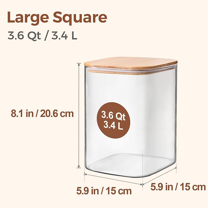 ComSaf Glass Storage Jars with Bamboo Lids 3.6 Qt 2 Pack Large Wide Mouth | Pantry Organization, Flour Sugar Coffee Beans, Pasta Cereal Dry Food, Big Capacity, Cabinet Organization, Dry Food Storage