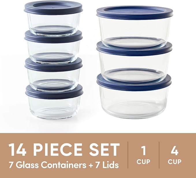 14-Piece Glass Food Storage Containers Set (7 Containers + 7 BPA-Free Lids) | 1-Cup & 4-Cup, Leakproof | Microwave, Freezer, Oven & Dishwasher Safe | Ideal for Meal Prep & Pantry Organization, Blue