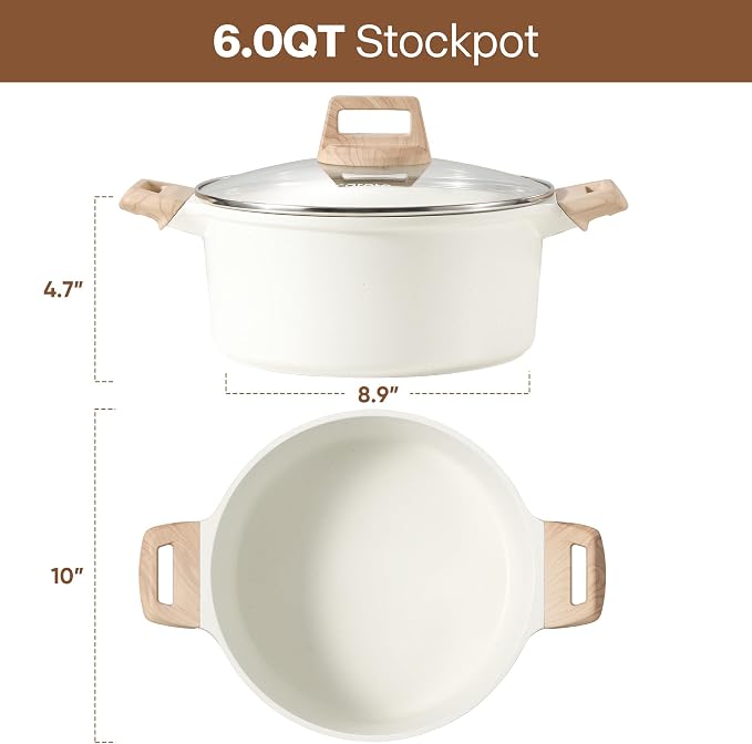 CAROTE Nonstick Stock Pot with Lid, 6 Quart White Granite | Kitchen Cooker Compatible with All Stoves, Dishwasher Safe, Cookware for Boiling, Simmer, PFOA Free