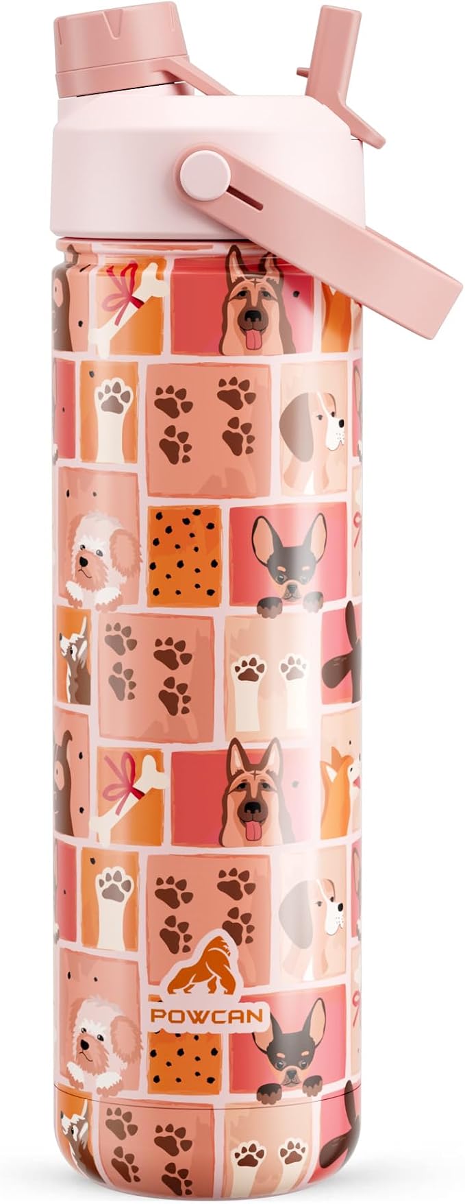 POWCAN 26 oz Insulated Water Bottle with 2-in-1 Straw and Spout Lid, Keep Cold 24H, Leak-Proof, Fits in Car Cup Holder, Stainless Steel Water Bottle for Dog Lovers, Puppy Theme, Gift (Pawfect Day)