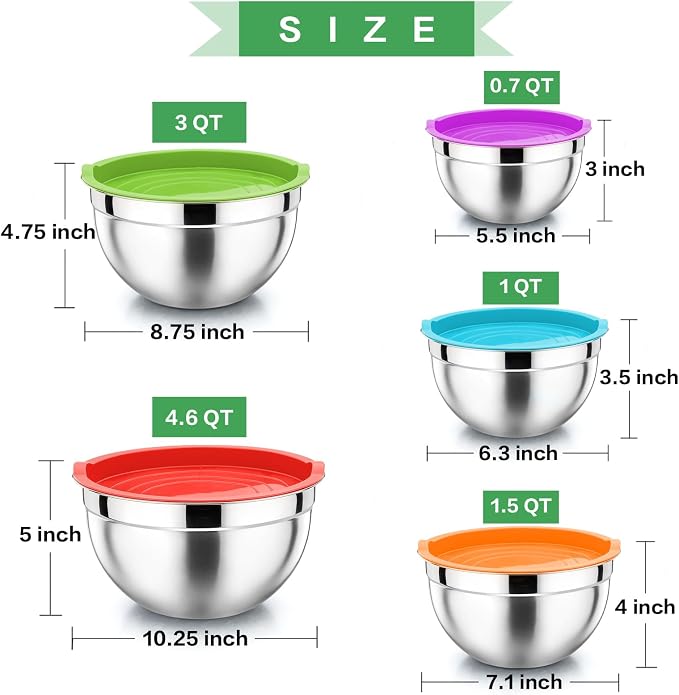 P&P CHEF Metal Mixing Bowls with Lids Set, Airtight Lids & Multicolor | 5 PCS Stainless Steel Mixing Nesting Bowls for Kitchen Prepping, Storing, Healthy & Easy Clean, Size 4.6, 3, 1.5, 1, 0.7 QT