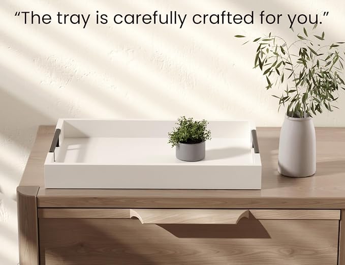 Fibogollo Bamboo Serving Trays with Metal Handles,Large(White) | 17 x 12Inch Ottoman Decorative Trays Platter for Coffee Table,Living Room,Bar,Party,Holiday Hosting and Outdoor Entertaining