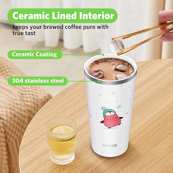 Insulated Coffee Mug with Ceramic Coating, 18oz Travel Mug with Leak-proof Lid, Vacuum Double-wall Tumbler, Stainless Steel Thermal Cup for Tea, Hot Cocoa, Cold Beverage, Ice Drinks