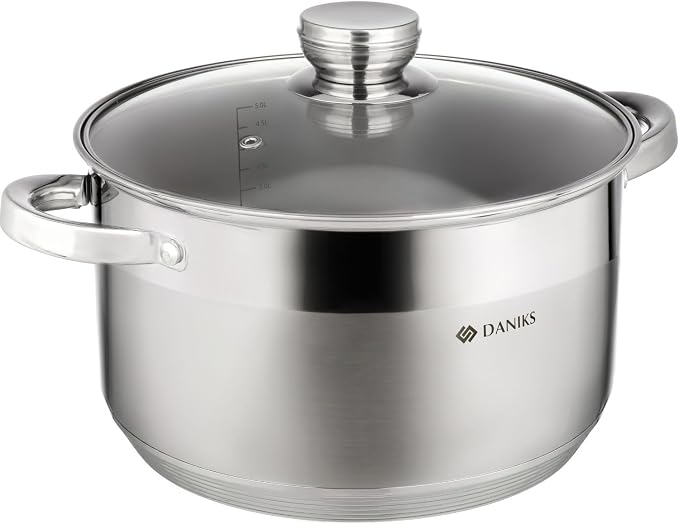 Daniks Standard 7 Quart Stainless Steel Stock Pot with Glass Lid, Tri-Ply Bottom for Even Heating, Induction Compatible, Dishwasher Safe, Built-In Measuring Scale, Silver
