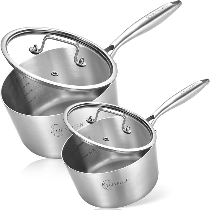 LOLYKITCH 1QT & 2QT Stainless Steel Saucepan Set with Glass Lids | Tri-Ply | Uncoated | Heavy Bottom | Cooking Pots | Metal Sauce Pans for Induction Cooktop | Ergonomic Handle