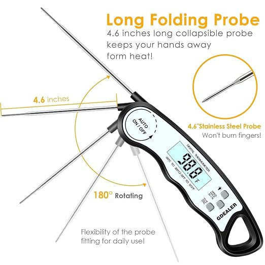 GDEALER Meat Thermometer Digital Instant Read Thermometer Ultra-Fast Cooking Food Thermometer with 4.6” Folding Probe Calibration Function for Kitchen Milk Candy, BBQ Grill, Smokers (Black)